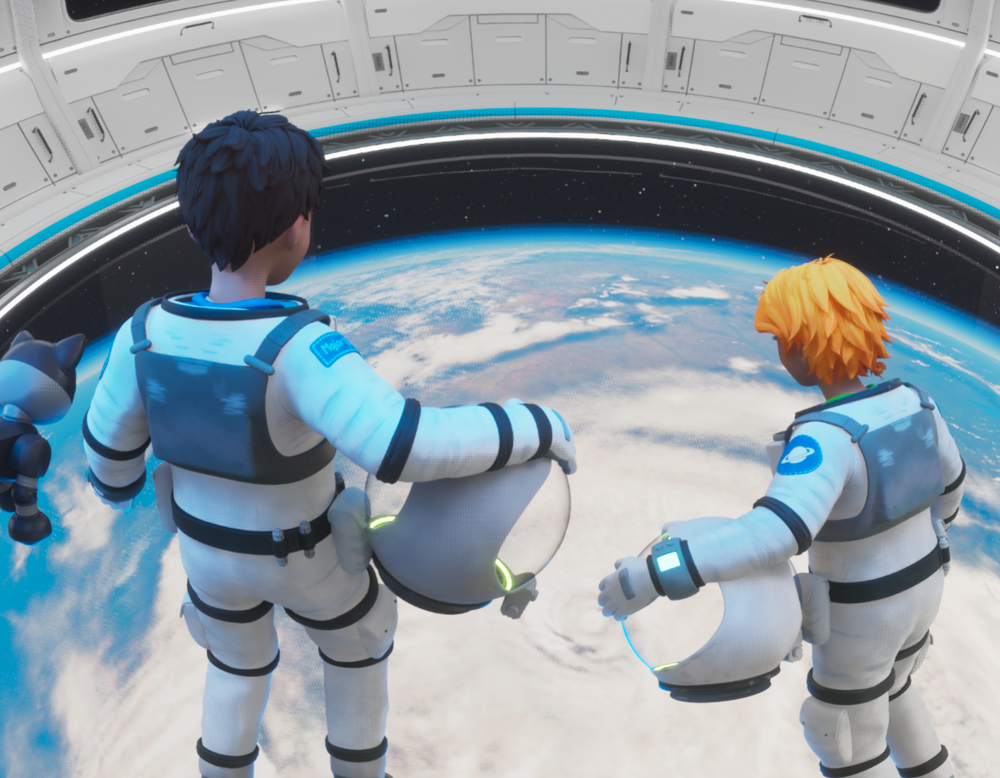 Die zwei Astronauten Tom und Stella blicken durch ein Fenster im Boden auf die Erde.
