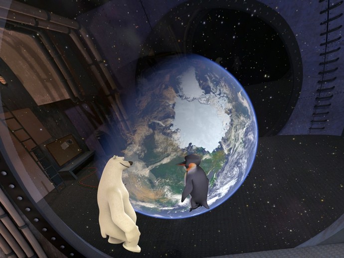 Ein Pinguin und ein Eisbär schauen aus dem Weltraum herunter auf die Erde. (öffnet vergrößerte Bildansicht)