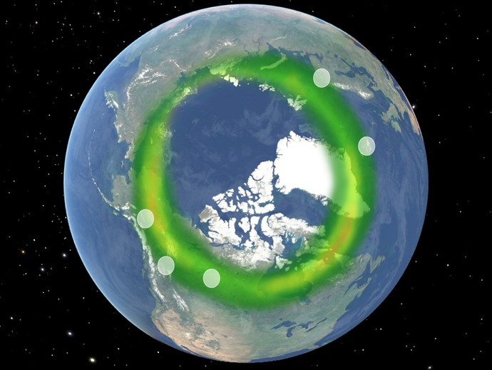 Grafische Darstellung der Erdkugel vor einem schwarzen Sternenhimmel mit einer kreisrunden, grünen Visualisierung von Polarlichtern. (öffnet vergrößerte Bildansicht)