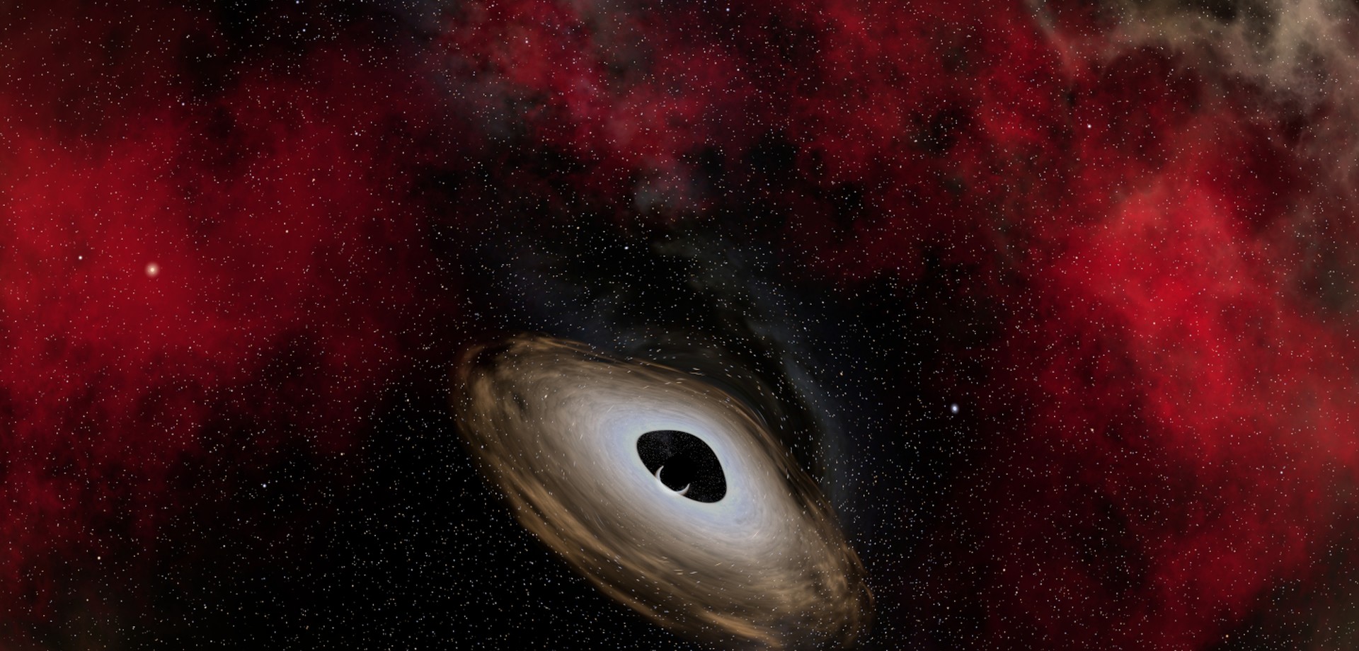 Schwarzes Loch, ein dunkler Kreis inmitten einer leuchtenden Scheibe und umgeben von roten Wolken.