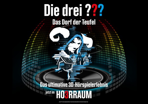 Plakat zum Hörspiel "Die drei ??? - Das Dorf der Teufel"
