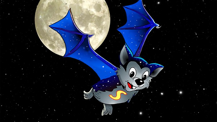 Die animierte Fledermaus Flappi fliegt durch den Nachthimmel. Illustration: Angelika Grothues