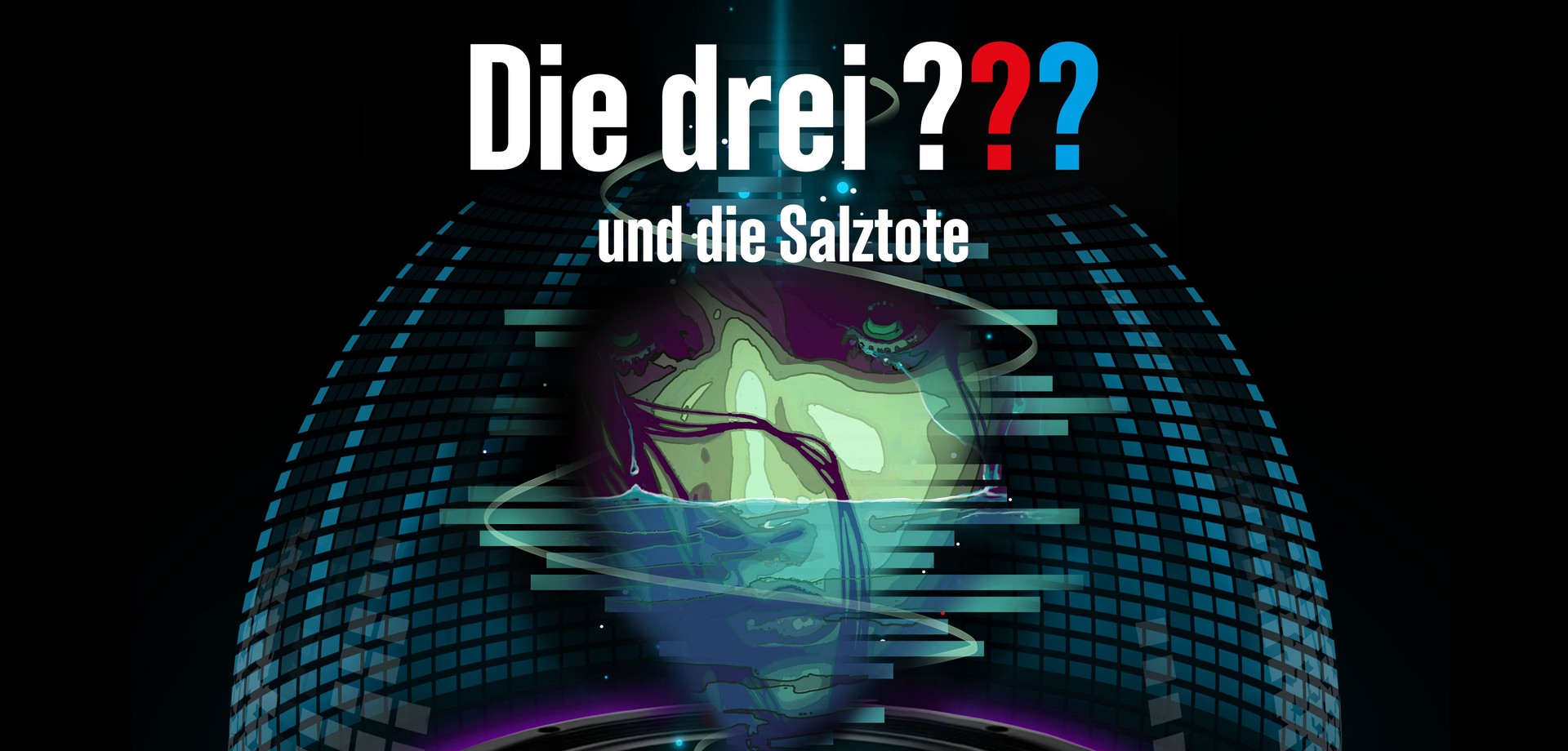 Plakat zum Hörspiel mit Schriftzug "Die drei ???", farbiger Dome-Darstellung und einem Lautsprecher auf dem ein gezeichnetes Gesicht zu sehen ist.