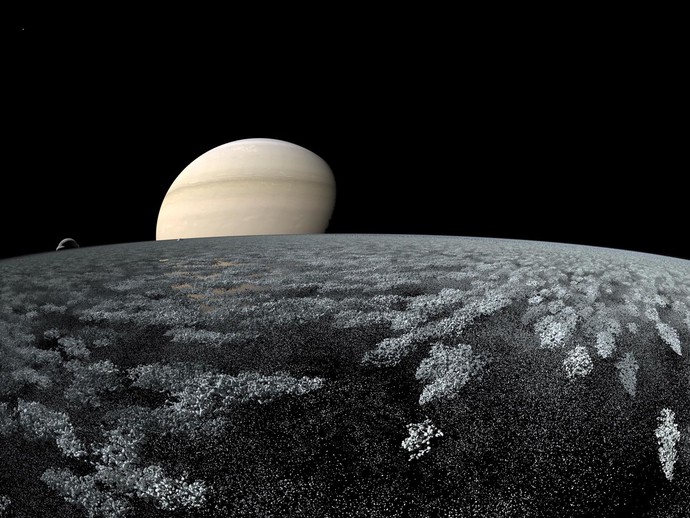 Aus der Nähe erscheint der Saturnring wie Wolken aus kleinen, grauen Partikeln. (öffnet vergrößerte Bildansicht)