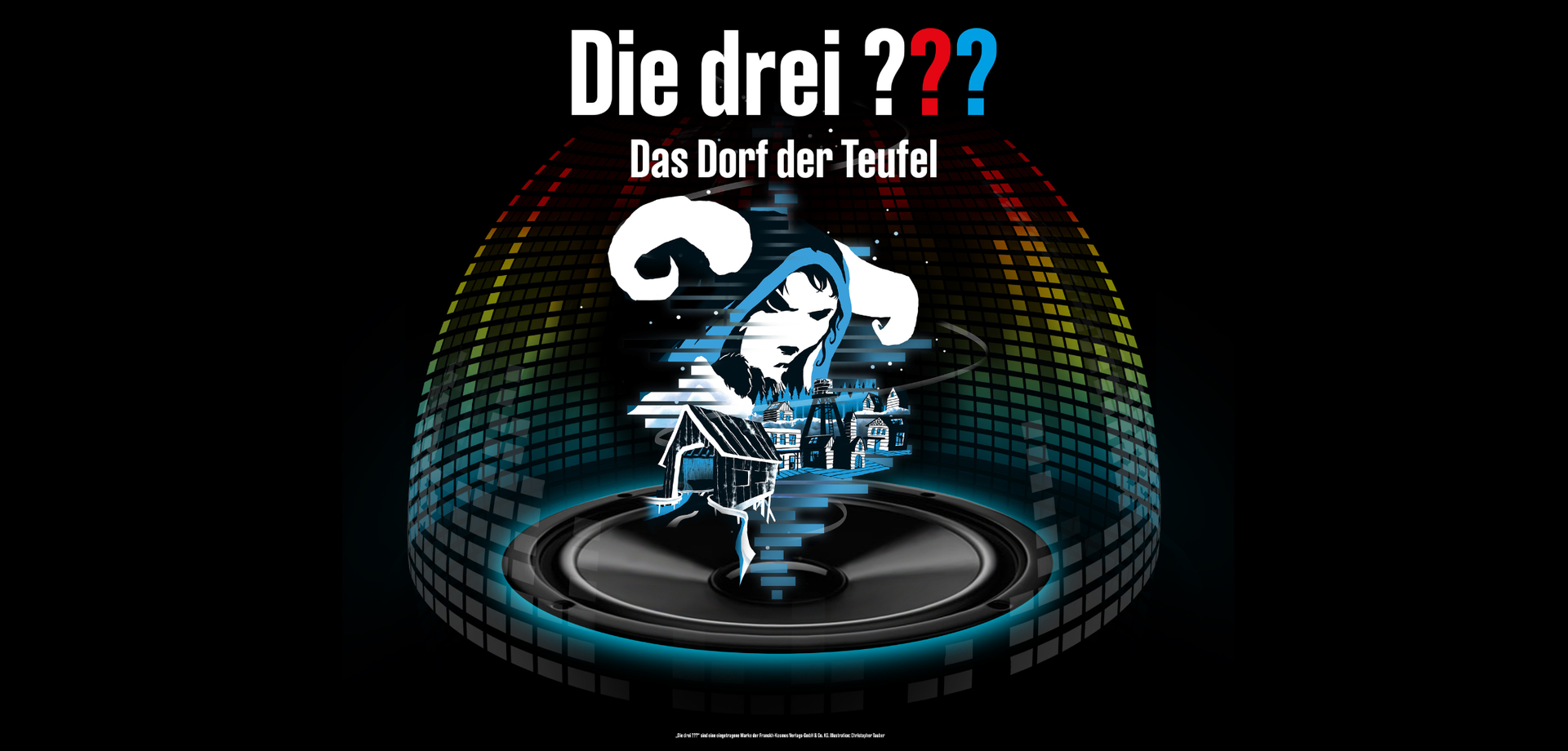 Plakat zum Hörspiel mit Schriftzug "Die drei ???", farbiger Dome-Darstellung, gezeichneten Häusern und einem gezeichneten Gesicht.