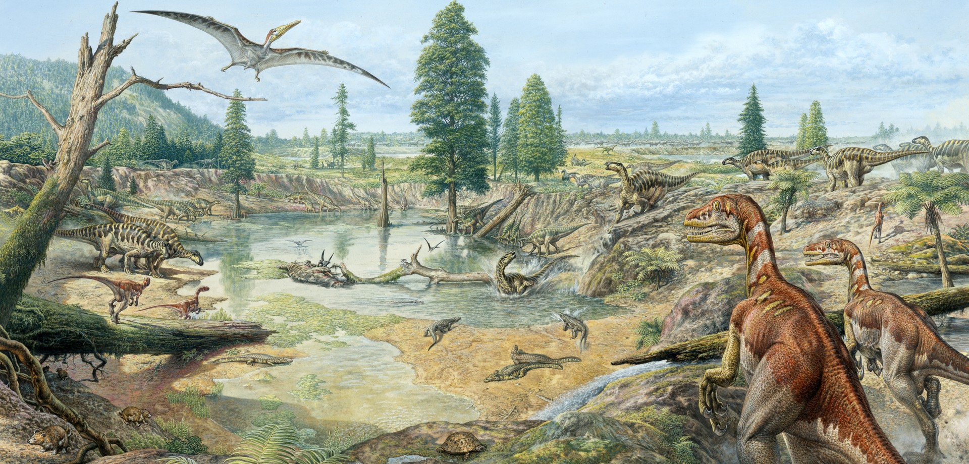 Rekonstruktion einer Landschaft mit Dinosauriern