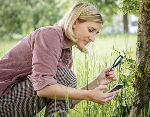 Ein junge Frau mit Lupe und Handy in der Hand schaut sich einen Baum und Pflanzen genauer an. Foto: LWL/Steinweg