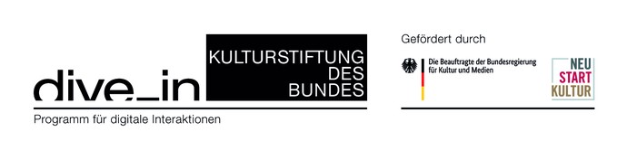 Logo von dive-in, der Kulturstiftung des Bundes und gefördert durch Die Beauftragte der Bundesregierung für Kultur und Medien, Neu Start Kultur