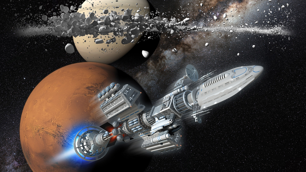 Ein Raumschiff durchfliegt den Weltraum. Titelbild zu "Planeten - Expedition ins Sonnensystem"