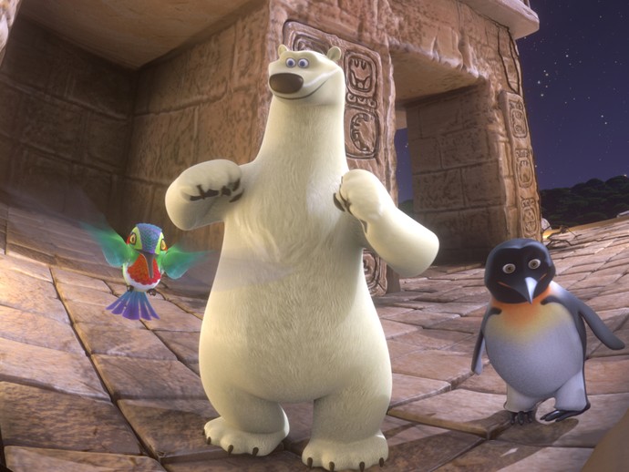 Ein animierter Pinguin, Kolibri und Eisbär brechen zu gemeinsamen Abenteuern auf. (vergrößerte Bildansicht wird geöffnet)