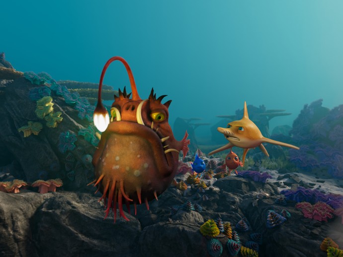 Laternenfisch mit einem Fische-Trio am Meeresgrund. (öffnet vergrößerte Bildansicht)