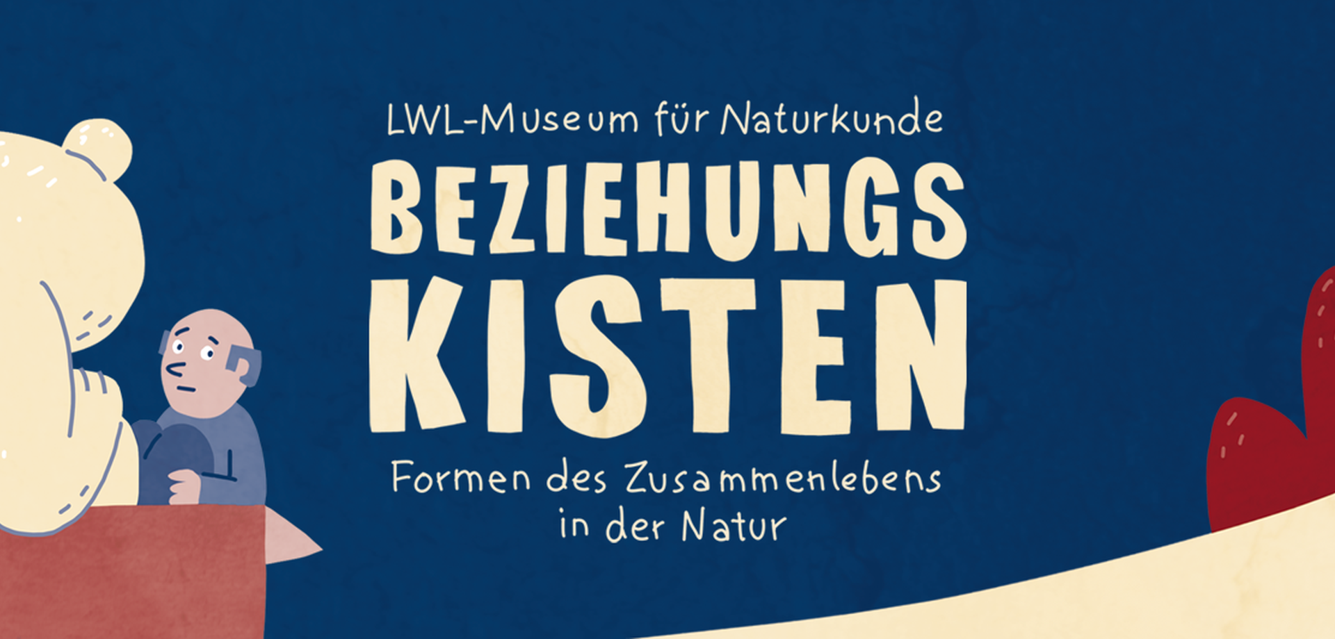 Ausstellungsplakat - Beziehungskisten Bär und Mann in einer Kiste sitzend.