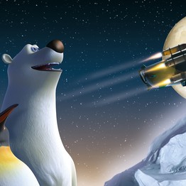 Ein animierte Pinguin und ein animierter Eisbär blicken gemeinsam in den Himmel. Grafik: Planetarium St. Étienne