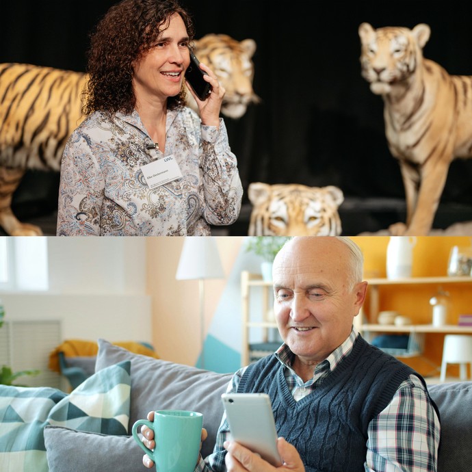 Zweigeteiltes Bild. Im oberen Teil steht eine Frau vor drei präparierten Tigern und telefoniert mit dem Handy. Im unteren Teil sitzt ein älterer Herr