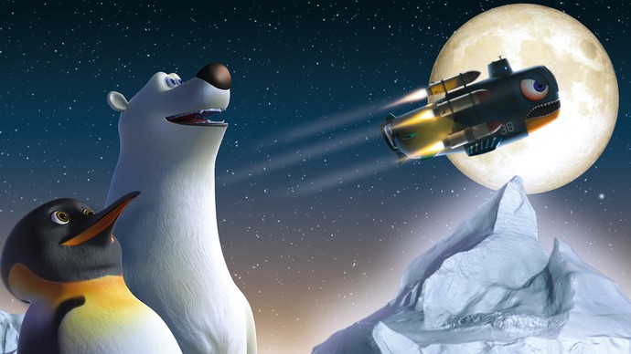 Ein animierter Pinguin und ein animierter Eisbär blicken gemeinsam in den Himmel. Grafik: Planetarium St. Étienne