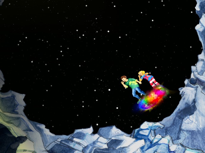 Zwei Kinder, die auf einer bunten Wolke durch das Weltall fliegen. (öffnet vergrößerte Bildansicht)