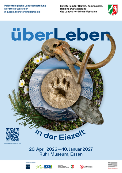 Plakat zur Landesausstellung in Essen "überLeben in der Eiszeit" (vergrößerte Bildansicht wird geöffnet)