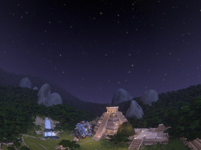 Eine Animation, die zeigt wie ein Raumschiff mitten im Urwald landet. (öffnet vergrößerte Bildansicht)