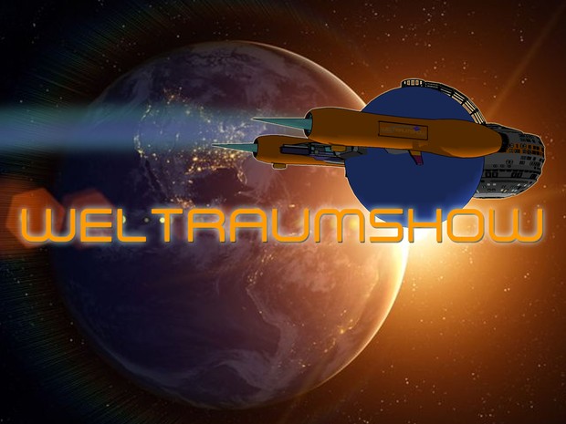 Die künstlerische Darstellung eines Raumschiffs vor einem Planeteten und dem Schrifzug Weltraumshow.
