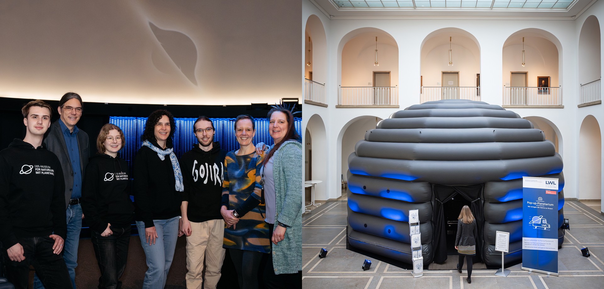 Links ist das Pop-up-Planetarium zu sehen, in das eine Frau hinein geht. Rechts ist ein Bild des Teams des Pop-up-Planetariums zu sehen.