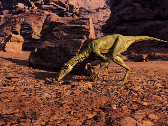 Ein kleiner Saurier vor einer Felslandschaft (animiert). (vergrößerte Bildansicht wird geöffnet)