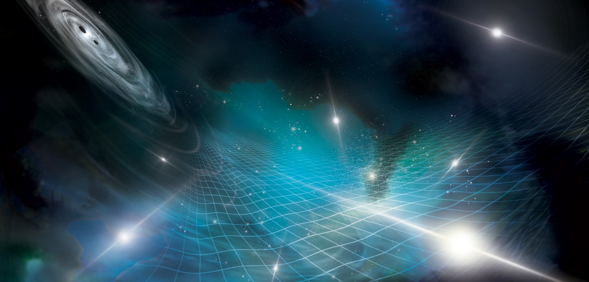 Künstlerische Darstellung von durch Gravitationswellen beeinflussten Pulsaren.