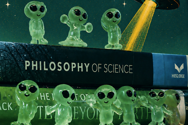 Grafische Darstellung von Außerirdischen als kleine grüne Männchen vor dem Schriftzug philosophy of science.