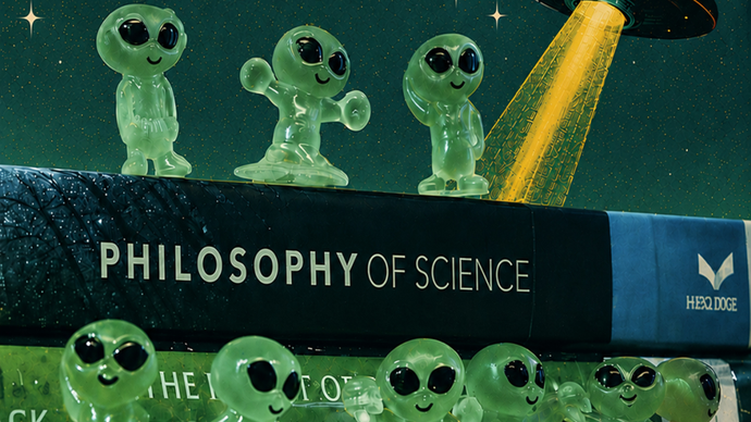 Grafische Darstellung von Außerirdischen als kleine grüne Männchen vor dem Schriftzug philosophy of science.
