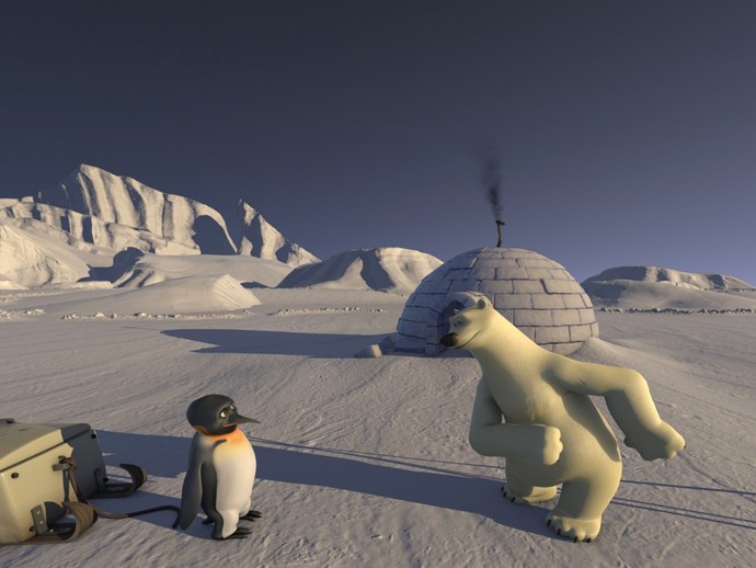 Eine Animation einer Schneelandschaft mit einem Eisbar und einem Pinguin vor einem Iglo aus dem Rauch aufsteigt. (öffnet vergrößerte Bildansicht)