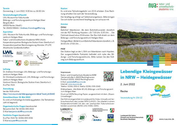 Flyer zum Auftakt der neuen NUA-Veranstaltungsreihe "Lebendige Kleingewässer in NRW - Heidegewässer".