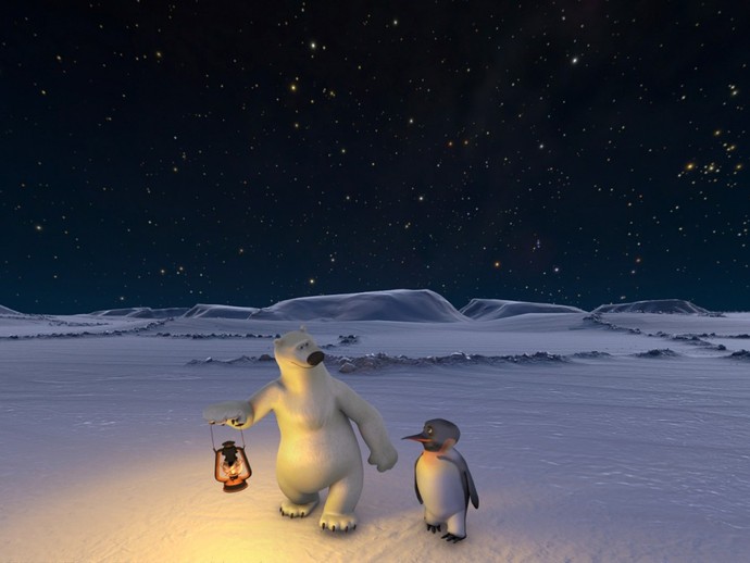 Ein animierter Pinguin und ein animierter Eisbär spazieren mit einer Laterne unter dem Sternenhimmel. (vergrößerte Bildansicht wird geöffnet)