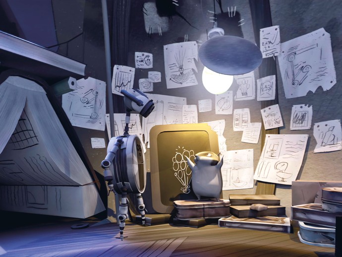 Ein Hamster und ein Roboter umgeben von Skizzen. (vergrößerte Bildansicht wird geöffnet)