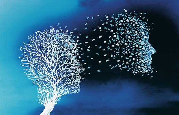 Eine grafische Darstellung eines Baumes, dessen Bilder in Form eines Gesichts davon fliegen vor blauem Hintergund.