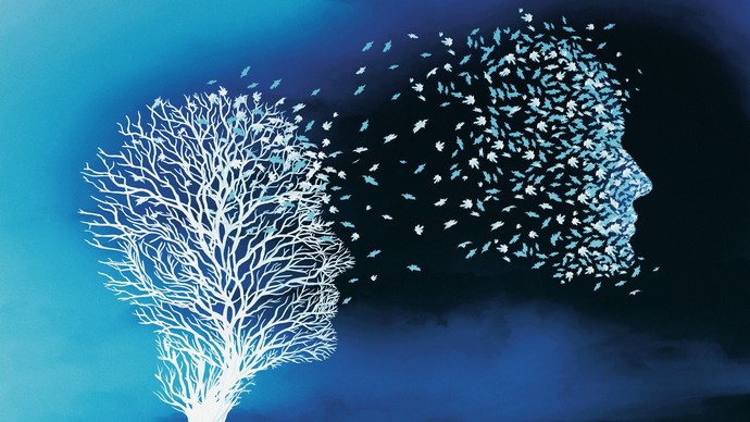 Eine grafische Darstellung eines Baumes, dessen Bilder in Form eines Gesichts davon fliegen vor blauem Hintergund.