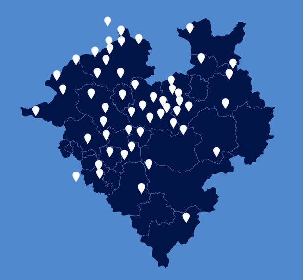 Eine Grafik der Karte Westfalens mit den Spielorten der Pop-up-Planetariums.