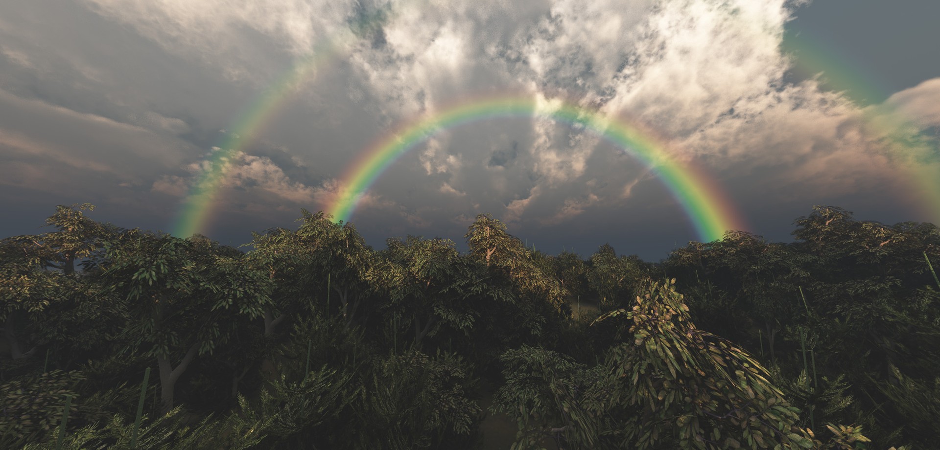 Regenbogen, der sich über einem Wald vor einem Wolkenhimmel zeigt. Grafik: LWL/Perdok