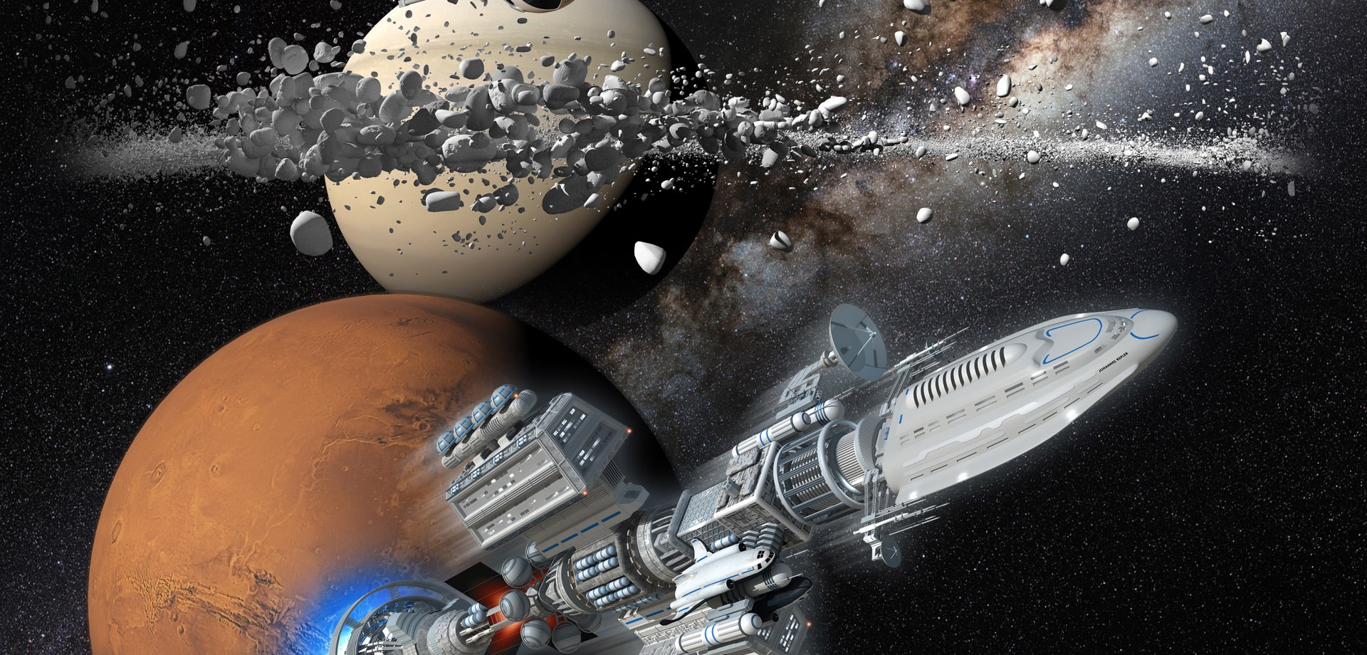 Eine Bildcollage mit verschiedenen Planeten und ein Raumschiff.