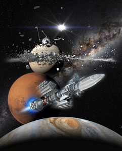 Ein Raumschiff fliegt durch das Weltall. Im Hintergrund sind mehrere Planeten zu sehen.