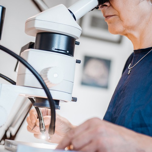 A person looks into a microscope.