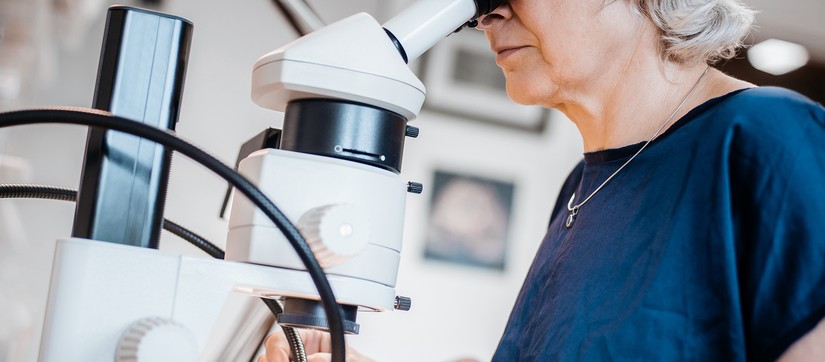 A person looks into a microscope.