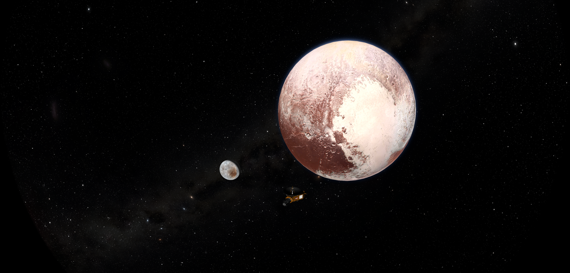 Die Raumsonde "New Horizons" erkundet Pluto und seinen Mond Charon. Szenenbild aus "Planeten - Expedition ins Sonnensystem".