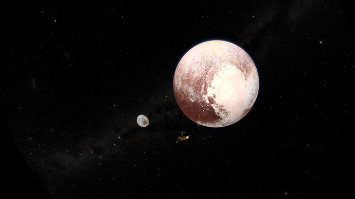Die Raumsonde "New Horizons" erkundet Pluto und seinen Mond Charon. Szenenbild aus "Planeten - Expedition ins Sonnensystem".