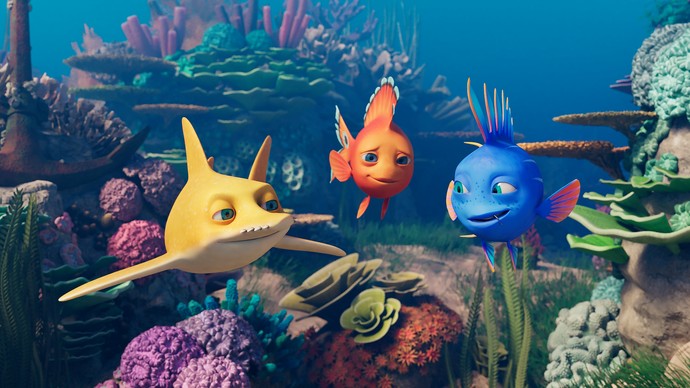 Drei animierte Fische brechen zu einem gemeinsamen Abenteuer im Zauberriff auf.