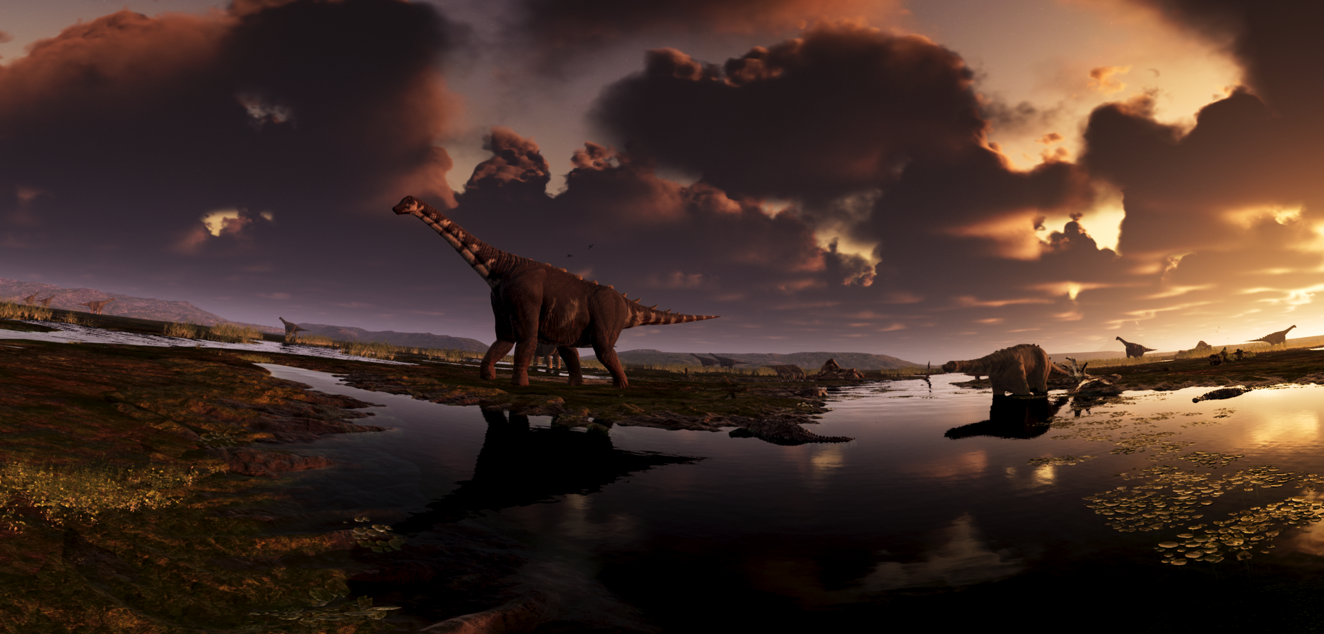 Eine Animation von unterschiedlichen Dinosauriern in einer Sumpflandschaft