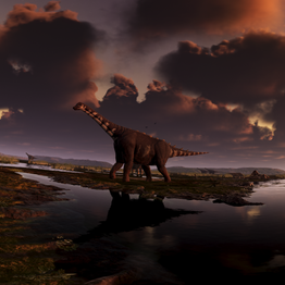 Eine Animation von unterschiedlichen Dinosauriern in einer Sumpflandschaft