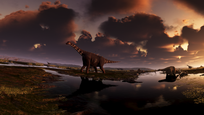 Eine Animation von unterschiedlichen Dinosauriern in einer Sumpflandschaft