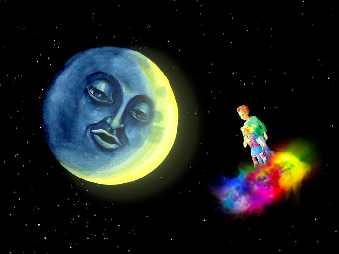Zwei Kinder fliegen auf einer bunten Wolke vor dem Mond. (öffnet vergrößerte Bildansicht)