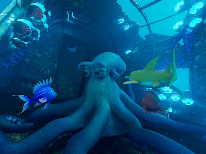 Animierte Unterwasserwelt mit einer Krake und einem Fische-Trio in einem Schiffswrack. (öffnet vergrößerte Bildansicht)