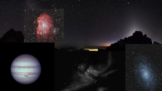 EIne Collage von Fotos von HImmelsobjekten, z.B. der Planet Jupiter und ein Planetariuscher Nebel.