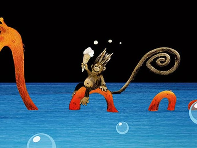 Grafik, die ein Äffchen zeigt, der eine Wasserschlange reitet und ein Eis isst. (öffnet vergrößerte Bildansicht)